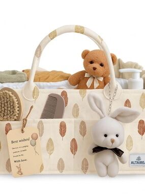 Neutral Leaf Print Nursery Caddy with Bunny Plush